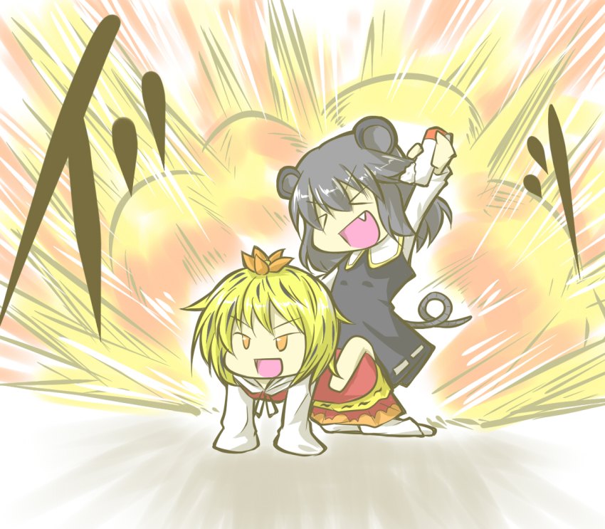 &gt;_&lt; 2girls ad all_fours animal_ears arm_up blonde_hair bottle chibi explosion closed_eyes fang female_focus mouse_ears mouse_tail multiple_girls nazrin niishiki_kajuu no_nose old_spice open_mouth parody riding silver_hair tail toramaru_shou touhou yellow_eyes