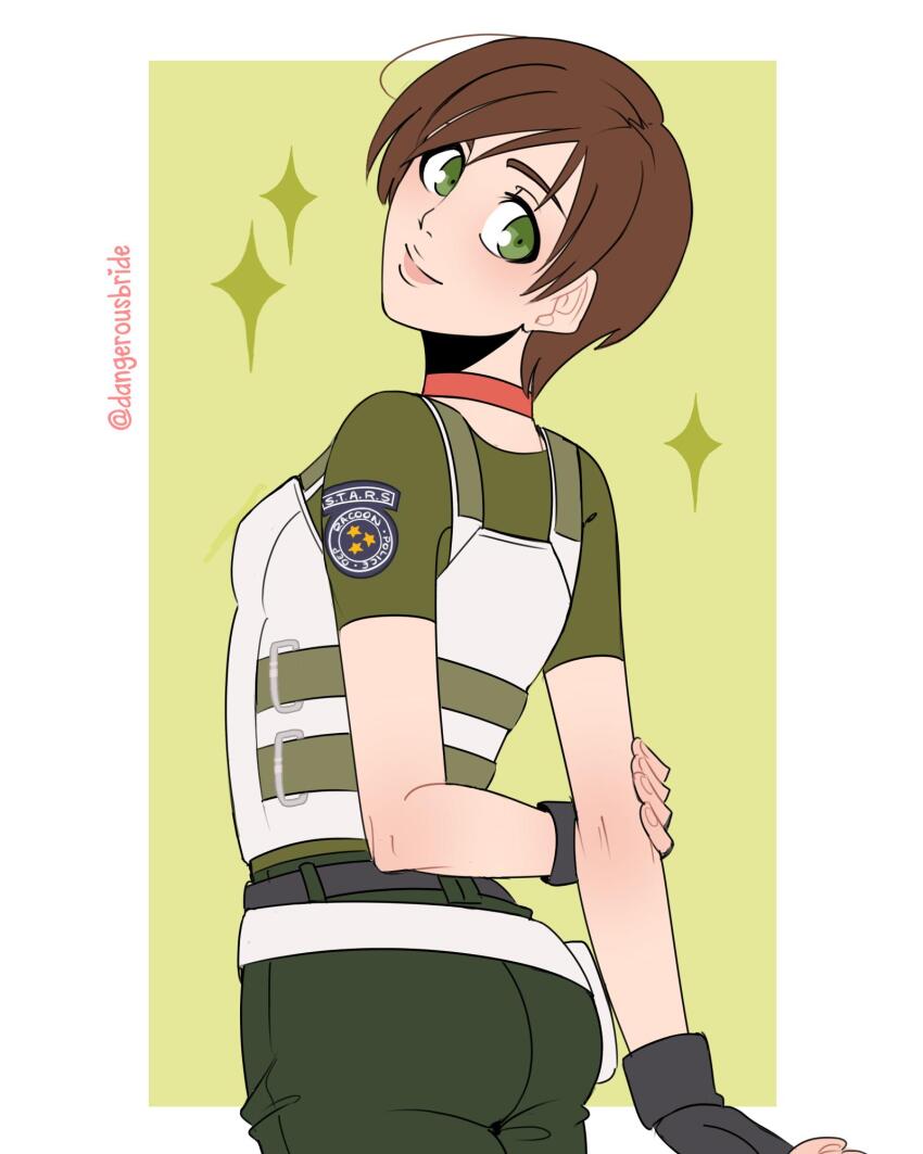 1girl artist_name badge belt breasts brown_hair bulletproof_vest choker dangerousbride fingerless_gloves gloves holding_own_arm green_eyes green_pants green_shirt highres looking_back pants police_badge rebecca_chambers red_choker resident_evil s.t.a.r.s._uniform shirt short_hair small_breasts solo sparkle tomboy twitter_username