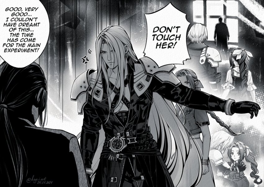 1girl 2boys aerith_gainsborough aged_down alternate_universe anger_vein bangle belt belt_buckle black_coat black_gloves bracelet braid braided_ponytail buckle chest_strap child coat cropped_jacket dated dress english_text final_fantasy final_fantasy_vii final_fantasy_vii_ever_crisis final_fantasy_vii_rebirth final_fantasy_vii_remake frilled_sleeves frills gloves greyscale hair_ribbon hand_on_another&#039;s_shoulder jewelry kay-i lab_coat long_bangs long_coat long_dress monochrome multiple_belts multiple_boys official_alternate_costume outstretched_arms parted_bangs parted_lips ponytail professor_houjou ribbon sephiroth shirt_under_dress short_hair single_braid twitter_username vambraces wavy_hair window