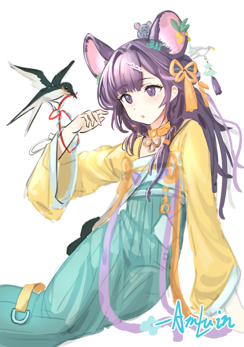 1girl :o absurdres animal animal_ears aqua_skirt arknights arm_up bird chinese_commentary commentary english_commentary feet_out_of_frame hair_intakes hair_ornament hair_ribbon hairclip highres long_hair long_sleeves looking_at_animal lutonada_(arknights) lutonada_(sending_thoughts)_(arknights) mixed-language_commentary mouse_(animal) mouse_ears mouse_girl official_alternate_costume parted_lips purple_eyes purple_hair quietmrcat red_ribbon ribbon shirt simple_background sketch skirt solo white_background yellow_collar yellow_ribbon yellow_shirt
