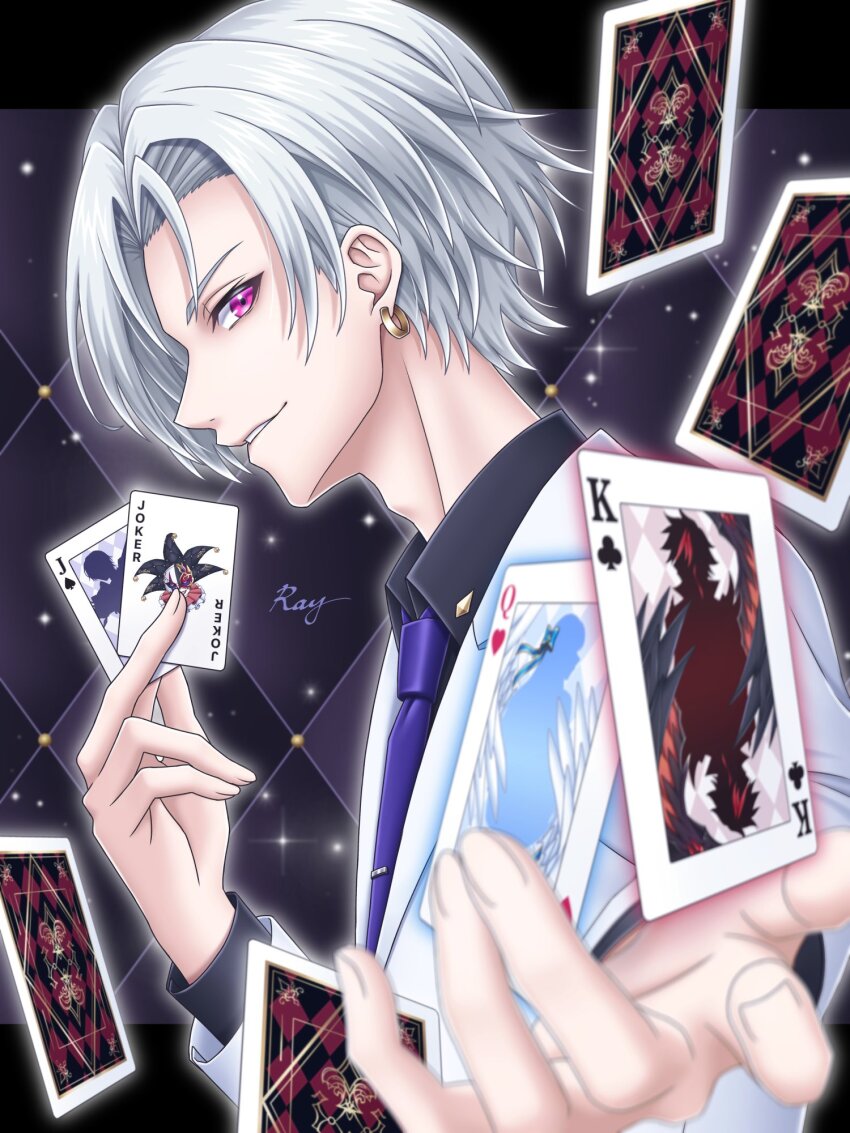 1boy airis_(shironeko_project) card earrings fios_(shironeko_project) formal_clothes highres jack_(playing_card) jacket jewelry joker_(playing_card) king_(playing_card) male_focus necktie playing_card profile protagonist_(shironeko_project) purple_eyes purple_necktie queen_(playing_card) ray_(ray_blue_illust) shironeko_project short_hair solo suit suit_jacket white_hair white_suit