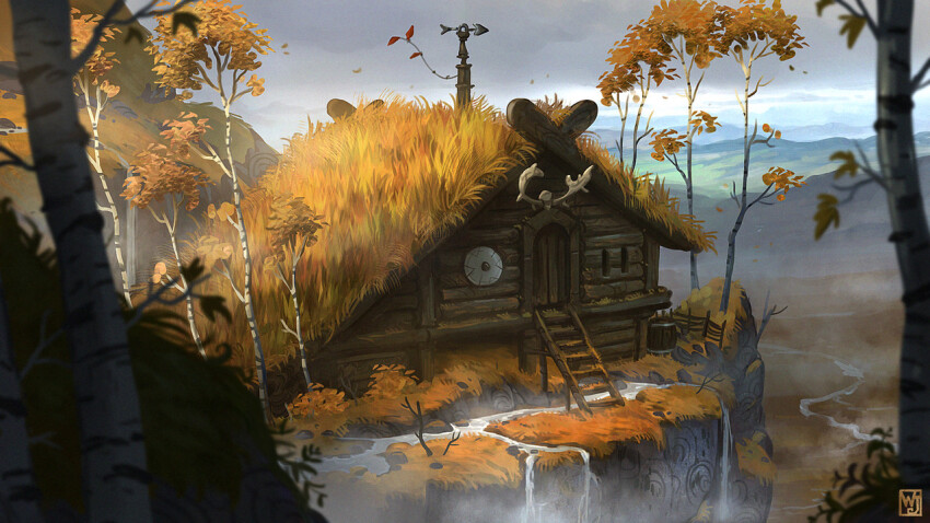 architecture artist_logo autumn birch_tree building cliff cloud cloudy_sky commentary day english_commentary fantasy foliage grass leaf logo mountainous_horizon nature no_humans no_lineart original outdoors plant river rock round_window scenery sky stairs tree waltjan water window