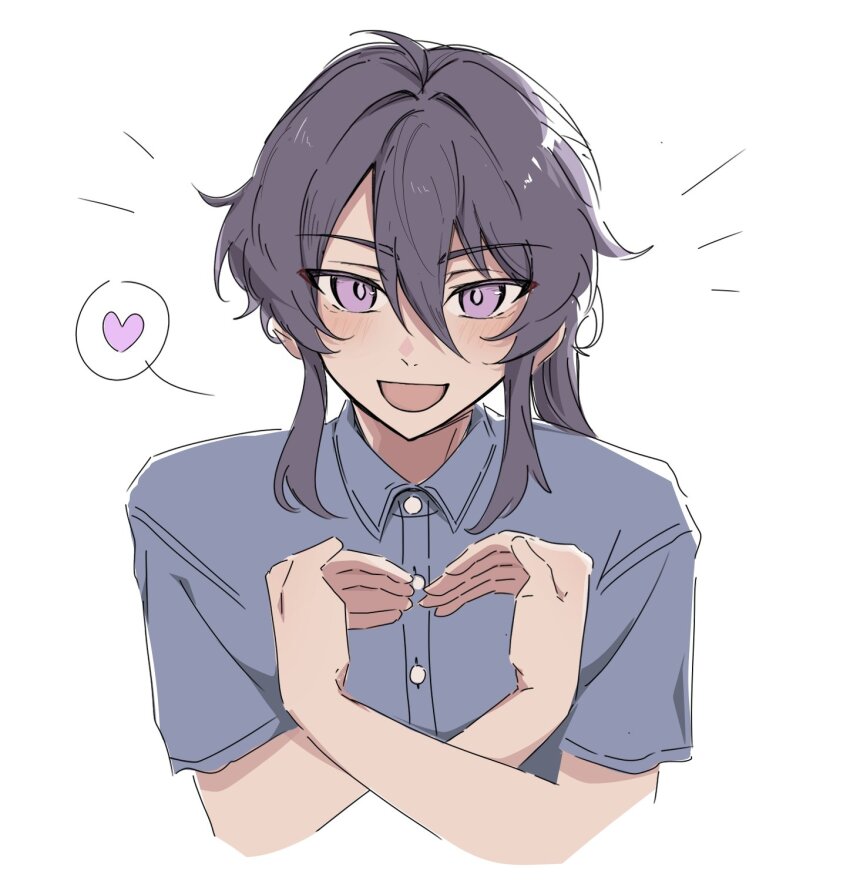 1boy :d ahoge blue_shirt blush casual collared_shirt cropped_torso ensemble_stars! hair_between_eyes hair_intakes heart heart_arms highres kanzaki_souma long_hair looking_at_viewer male_focus open_mouth ponytail purple_eyes purple_hair shirt short_sleeves shout_lines sidelocks simple_background smile solo spoken_heart white_background whiten_wolf wing_collar