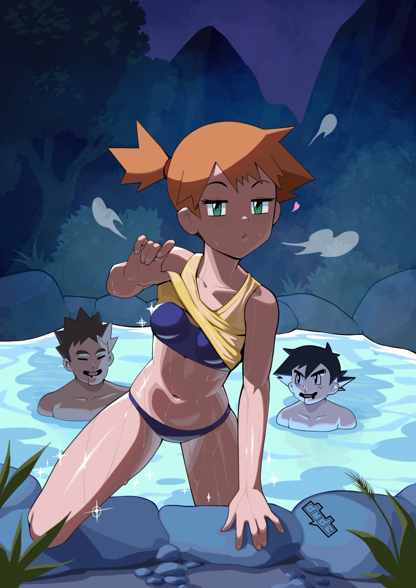 1girl 2boys absurdres aroused_nosebleed ash_ketchum bikini blue_bikini blush breasts brock_(pokemon) clothes_lift collarbone commission drooling dude-doodle grass green_eyes highres looking_at_viewer misty_(pokemon) multiple_boys navel night night_sky nintendo onsen orange_hair partially_submerged pokemon pokemon_(anime) pokemon_sm_(anime) shirt_lift side_ponytail sky sparkle spiked_hair sports_bikini stomach swimsuit tank_top triangle_mouth water wet yellow_tank_top