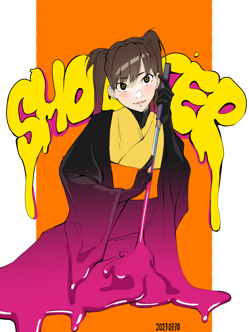 1girl absurdres black_gloves brown_hair dated gloves hachi_augment_01 highres japanese_clothes kamen_rider kimono looking_at_viewer orange_background q_haruka999 shin_kamen_rider slime_(substance) solo twintails wide_sleeves yellow_eyes