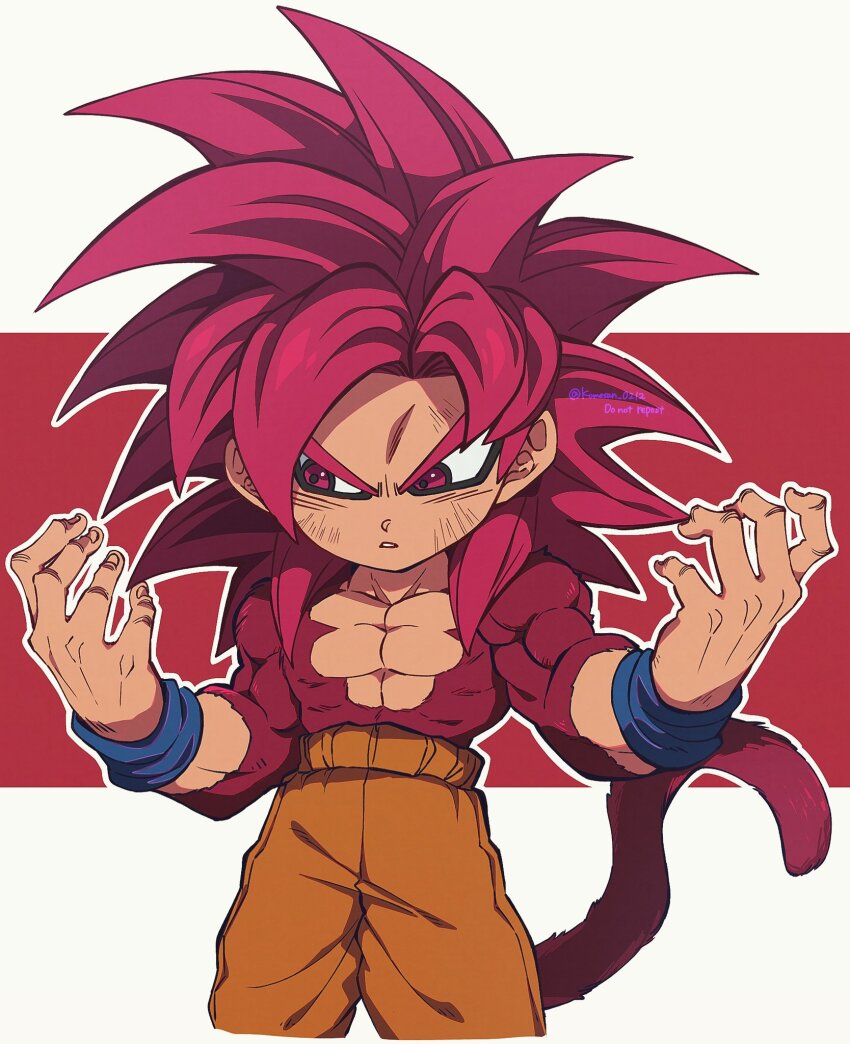 1boy body_fur cowboy_shot dragon_ball dragon_ball_daima highres komesan_0212 long_hair male_focus monkey_tail muscular muscular_male orange_pants pants red_eyes red_fur red_hair red_tail simple_background solo son_goku spiked_hair super_saiyan super_saiyan_4 tail