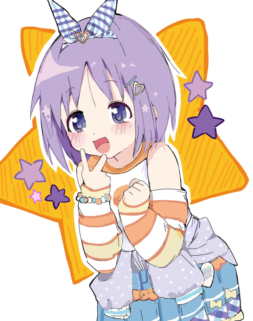 1girl blue_eyes blush bow bracelet clenched_hand clothes_around_waist denim denim_shorts gingham hair_ornament hair_ribbon happy heart heart_hair_ornament heisei_retro highres hiiragi_tsukasa jacket jacket_around_waist jewelry looking_at_viewer lucky_star polka_dot polka_dot_jacket purple_hair purple_star ribbon short_hair shorts star_(symbol) star_symbol_background striped_sleeves user_yjgk7325 v white_background yellow_bow yellow_star