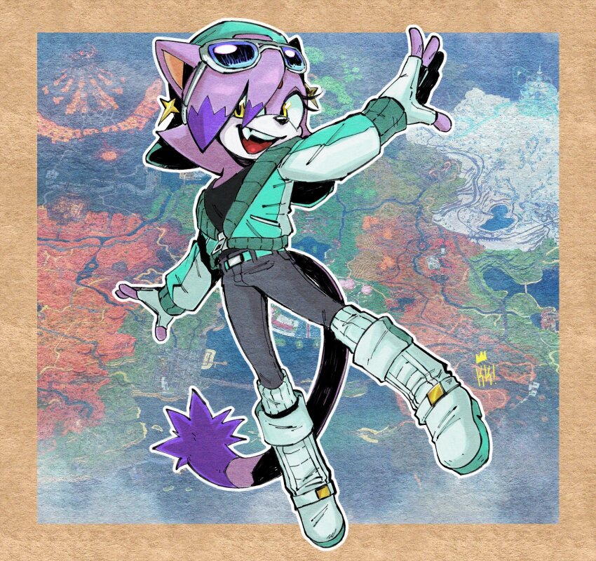 1girl animal_ears backwards_hat belt boots cat_ears cat_girl cat_tail colored_tips cosplay earrings eyewear_on_head fang fingerless_gloves forehead_jewel gloves hat highres jacket jewelry kryptiq_kreachur map mario_(series) mario_kart mario_kart_world multicolored_hair nintendo open_clothes open_jacket purple_fur purple_hair rosalina rosalina_(cosplay) rosalina_(touring) signature smile sonic_(series) star_(symbol) star_earrings tail white_boots world_map yellow_eyes