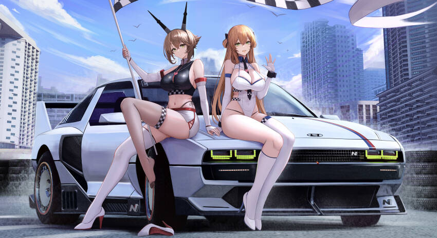 2girls absurdres alternate_costume asymmetrical_legwear between_breasts black_necktie blue_sky breasts brown_hair building car cloud commentary commission covered_navel elbow_gloves english_commentary feet fingerless_gloves flag full_body girls&#039;_frontline gloves green_eyes hair_between_eyes high_heels highleg highleg_panties highres holding holding_flag jakuri_(ar_tonelico) kantai_collection kcar66t long_hair looking_at_viewer miniskirt mismatched_legwear motor_vehicle multiple_girls mutsu_(kancolle) navel necktie necktie_between_breasts on_car open_mouth outdoors panties pixiv_commission race_queen shoes short_hair simple_bird sitting skindentation skirt sky smile springfield_(girls&#039;_frontline) thighhighs toes underwear unworn_shoes white_car white_gloves white_skirt white_thighhighs