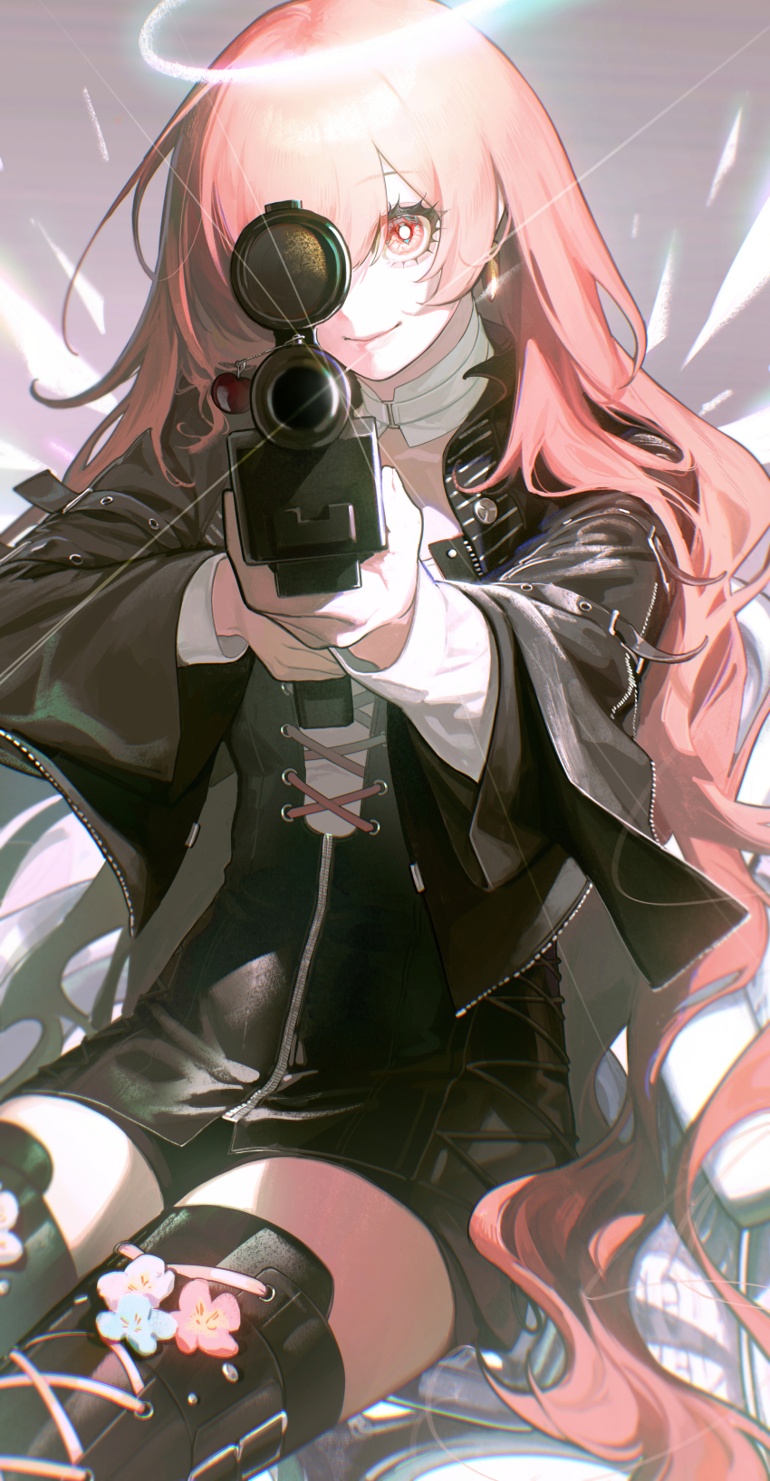 1girl absurdres aiming aiming_at_viewer arknights black_jacket bright_pupils closed_mouth gootai gun halo highres holding holding_gun holding_weapon jacket lemuen_(arknights) long_hair one_eye_covered pink_eyes pink_hair rifle sitting smile solo very_long_hair weapon white_halo white_pupils white_sleeves