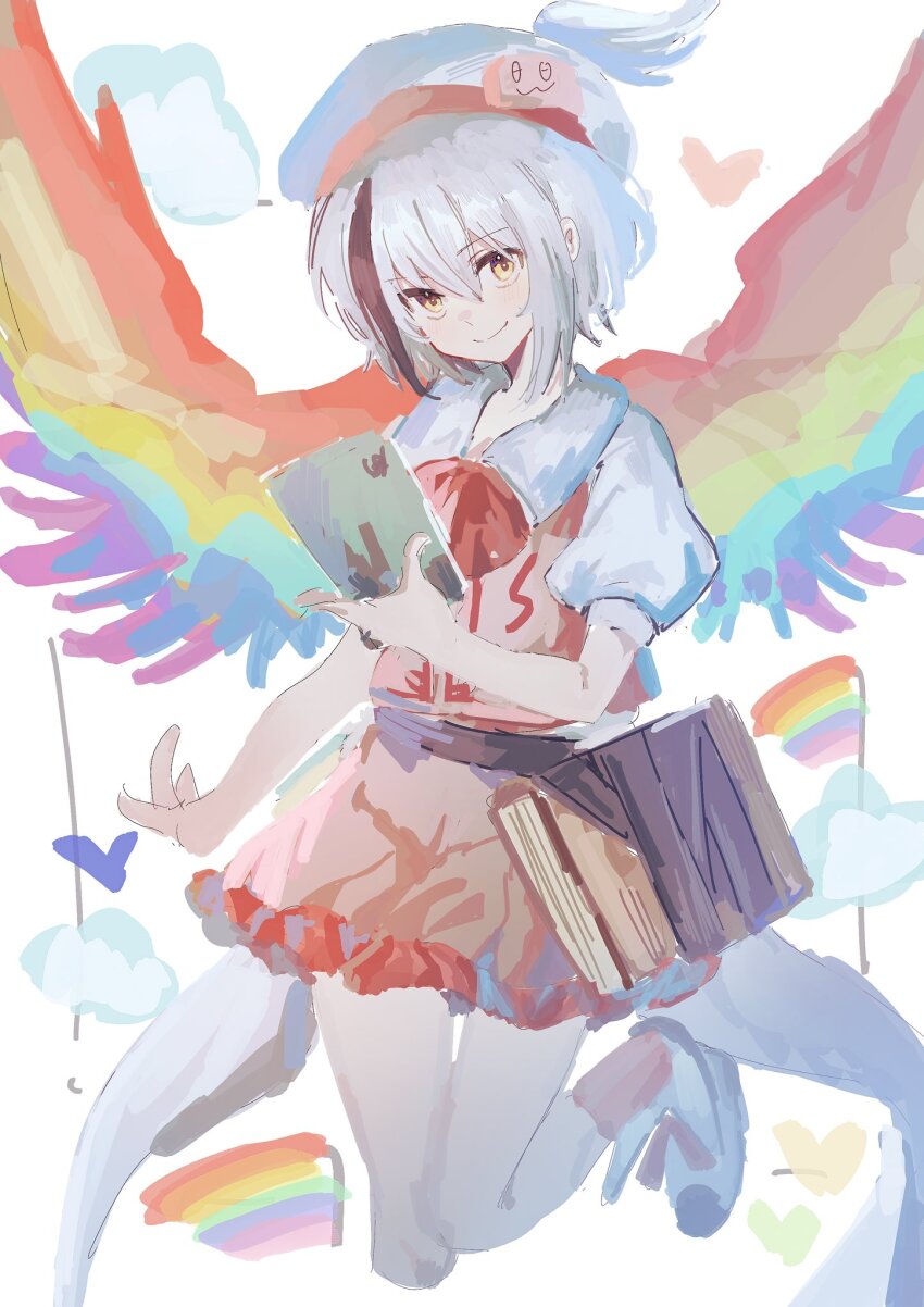 1girl belt bird_tail book bow bowtie brown_belt brown_hair closed_mouth cloud collared_shirt feathered_wings footwear_bow frilled_skirt frills hat heart highres holding holding_book hollow_song_of_birds huangdouliuhan legs_up looking_at_viewer miniskirt multicolored_hair original pink_skirt pink_vest puffy_short_sleeves puffy_sleeves rainbow rainbow_wings red_bow red_bowtie red_socks shirt shoes short_hair short_sleeves skirt skirt_set smile socks streaked_hair tail torisumi_horou touhou vest white_background white_footwear white_hair white_headwear white_shirt wing_hat_ornament wings yellow_eyes