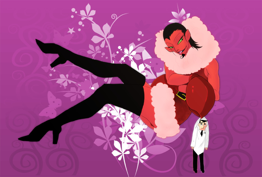 2boys belt black_belt black_eyes black_hair black_necktie black_pants black_shoes boots closed_lab_coat clothes_grab coat_grab colored_sclera colored_skin commentary crab_claw demon demon_boy dress evil_smile facial_hair floral_background from_side fur_trim goatee green_sclera hair_slicked_back high_heel_boots high_heels him_(powerpuff_girls) kima_(kojirasekima) lab_coat leg_up lifting_person looking_at_another looking_to_the_side male_focus multiple_boys necktie pants pink_fur powerpuff_girls professor_utonium purple_background red_dress red_skin scared shoes short_hair sitting size_difference smile thigh_boots tongue tongue_out widow&#039;s_peak
