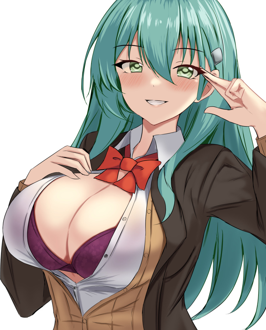 1girl black_jacket blush bra breasts brown_cardigan cardigan cleavage collared_shirt green_eyes green_hair grin hair_between_eyes hair_ornament hairclip highres jacket kantai_collection large_breasts long_hair long_sleeves looking_at_viewer montemasa open_cardigan open_clothes open_jacket open_shirt purple_bra school_uniform shirt sidelocks simple_background smile solo suzuya_(kancolle) underwear white_background white_shirt