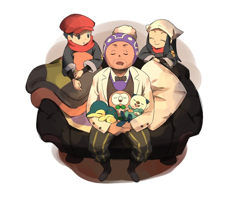 1girl 2boys akari_(pokemon) beanie bow bowtie chair closed_eyes coat collared_shirt commentary_request cushion cyndaquil facial_hair gen_2_pokemon gen_5_pokemon gen_7_pokemon hat headscarf highres jacket professor_laventon mira_(miramita8727) multiple_boys nintendo on_lap oshawott pants pokemon pokemon_(creature) pokemon_legends:_arceus pokemon_on_lap purple_headscarf purple_headwear rei_(pokemon) rowlet scarf shirt sidelocks sleeping starter_pokemon_trio stubble vest white_headscarf white_headwear