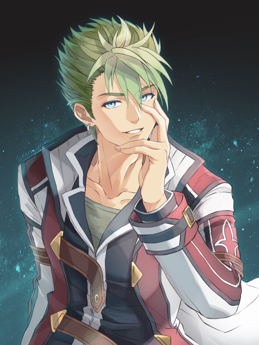 1boy aqua_background black_coat blue_eyes coat collarbone commentary_request earrings eiyuu_densetsu gradient_background green_hair green_shirt hair_between_eyes highres hoop_earrings jewelry kai_no_kiseki kevin_graham kuro_no_kiseki_(series) kuro_no_kiseki_i looking_at_viewer male_focus multicolored_coat nerujorlet red_coat shirt short_hair smile solo teeth upper_body white_coat