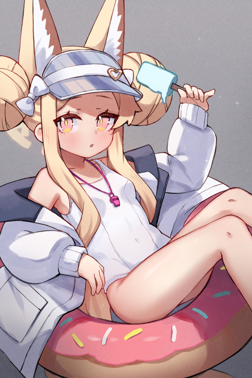 1girl animal_ears blonde_hair blue_archive breasts cosplay covered_navel donut_innertube double_bun extra_ears food fox_ears fox_girl fubuki_(blue_archive) fubuki_(blue_archive)_(cosplay) fubuki_(swimsuit)_(blue_archive) grey_background hair_bun halo highres holding holding_food holding_popsicle innertube jacket long_sleeves looking_at_viewer miya_(miyaruta) one-piece_swimsuit open_clothes open_jacket open_mouth pink_eyes popsicle puffy_long_sleeves puffy_sleeves school_swimsuit seia_(blue_archive) short_hair_with_long_locks sidelocks simple_background small_breasts solo swim_ring swimsuit visor_cap whistle whistle_around_neck white_jacket white_one-piece_swimsuit yellow_halo