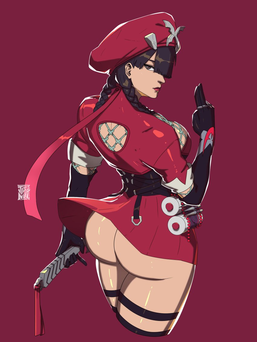 1girl absurdres ass black_gloves black_hair braid dress elbow_gloves gloves hat highres holding holding_sword holding_weapon jigger_taladtad_(artist) katana looking_at_viewer looking_back marvel marvel_rivals official_alternate_costume psylocke psylocke_(blood_kariudo) red_background red_dress red_hat simple_background solo sword twin_braids weapon