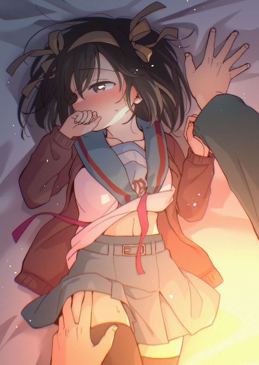 1boy 1girl absurdres bed_sheet black_thighhighs blue_sailor_collar blue_skirt blush breasts brown_cardigan brown_eyes brown_hair cardigan clothes_lift collarbone commentary_request hair_ribbon hairband hand_on_another&#039;s_thigh hetero highres kita_high_school_uniform kyon long_sleeves lying medium_hair navel on_back on_bed open_cardigan open_clothes pov pov_hands red_ribbon ribbon sailor_collar school_uniform serafuku shirt_lift skirt suzumiya_haruhi suzumiya_haruhi_no_yuuutsu taiki_(6240taiki) thighhighs winter_uniform yellow_hairband yellow_ribbon