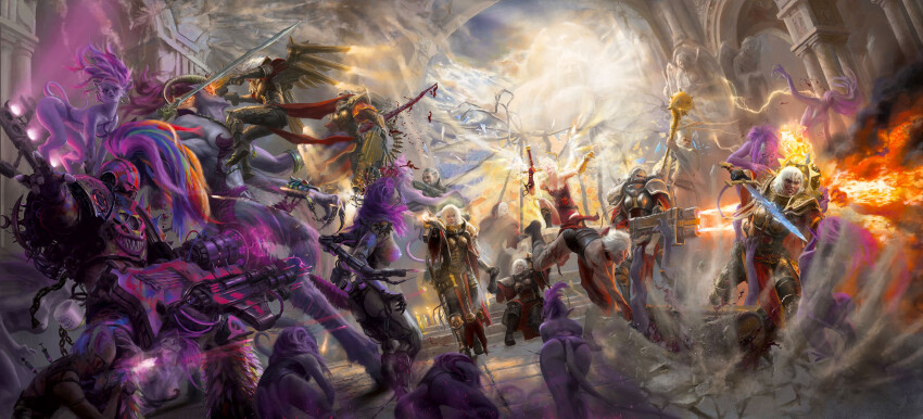 3boys 6+girls absurdres adepta_sororitas adeptus_astartes alex_cristi armor battle bolt_pistol bolter breasts cathedral chaos_(warhammer) chaos_space_marine crawling daemonette daemonhost demon_horns demon_tail earrings electric_guitar emperor&#039;s_children european_architecture extra_arms fire flamer flamethrower guitar highres holding holding_weapon horns imperium_of_man instrument jewelry kneeling light_purple_hair long_hair mace mechanical_arms mechanical_wings medium_breasts medium_hair multicolored_hair multiple_boys multiple_girls noise_marines ornate_armor ornate_weapon pauldrons pillar power_armor power_sword purple_armor purple_hair shoulder_armor spiked_mace spikes statue tail warhammer_40k weapon white_hair wings