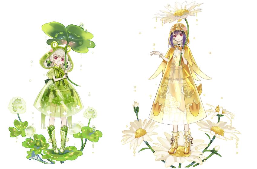 2girls :d absurdres animal_costume ankle_boots bare_arms bcy beret boots bow bracelet braid brown_ribbon clover_hair_ornament clover_print collared_shirt daisy_(flower) dress dress_bow duck_costume floral_print flower flower_bracelet flower_umbrella french_braid frilled_dress frills frog_costume frog_hair_ornament frog_raincoat full_body green_bow green_dress green_footwear grey_hair hair_ornament hat hat_flower highres holding holding_flower holding_leaf hood hood_up jewelry knee_boots leaf leaf_umbrella long_dress low_twintails miao_jiujiu multiple_girls neck_ribbon on_flower open_mouth overall_skirt purple_hair raincoat red_eyes ribbon ruan_miemie rubber_boots see-through_clothes see-through_footwear see-through_raincoat shirt short_dress short_hair short_sleeves sidelocks smile standing twintails waist_ribbon water_drop white_background white_shirt xialuo_yingling yellow_boots yellow_dress yellow_headwear yellow_nails yellow_raincoat