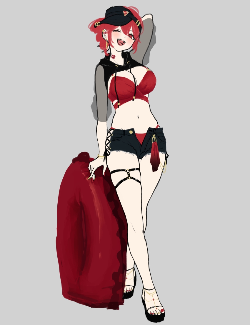 1girl absurdres bikini breasts cleavage denim denim_shorts highres kasane_teto lipstick_mark makisugi open_clothes open_shorts red_bikini red_eyes red_hair red_nails sandals short_shorts shorts smile swimsuit utau visor_cap