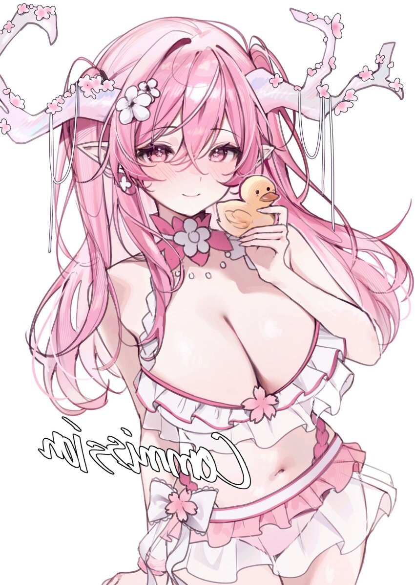 1girl antler_ornament antlers bare_shoulders bikini blossum_(vtuber) blush bow breasts choker cleavage closed_mouth commentary commission earrings flower flower_collar flower_earrings flower_in_eye frilled_bikini frills hair_between_eyes hair_flower hair_ornament highres holding holding_rubber_duck horn_flower horns indie_virtual_youtuber jewelry large_breasts long_hair looking_at_viewer miyuchiq navel pink_bikini pink_choker pink_eyes pink_flower pink_hair pink_skirt pointy_ears rubber_duck simple_background skirt smile solo stomach swimsuit symbol_in_eye thighs virtual_youtuber white_background white_bikini white_bow white_flower white_horns