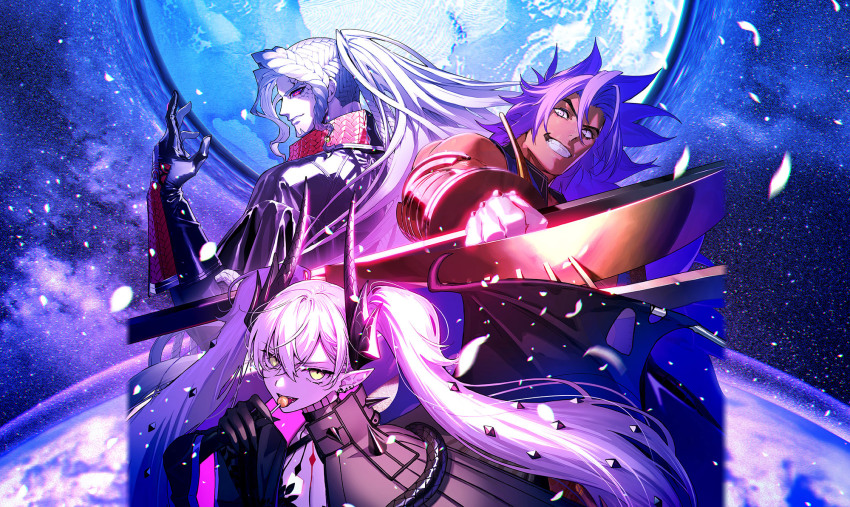 1girl 2boys alessandro_di_cagliostro_(fate) artist_collaboration bhima_(fate) braid breasts candy cleavage cracked_skin dark-skinned_male dark_skin earrings facial_hair falling_petals fate/grand_order fate_(series) food gloves goatee hair_ornament highres holding holding_candy holding_food holding_lollipop holding_weapon horns jacket jewelry lilith_(fate) lilith_(second_ascension)_(fate) lollipop long_hair long_sleeves looking_at_viewer multiple_boys multiple_braids multiple_earrings nipi27 official_art pako_(pakosun) pasties petals pink_hair pointy_ears ponytail purple_eyes purple_hair red_eyes routo second-party_source sky smile star_(sky) twintails weapon white_hair yellow_eyes