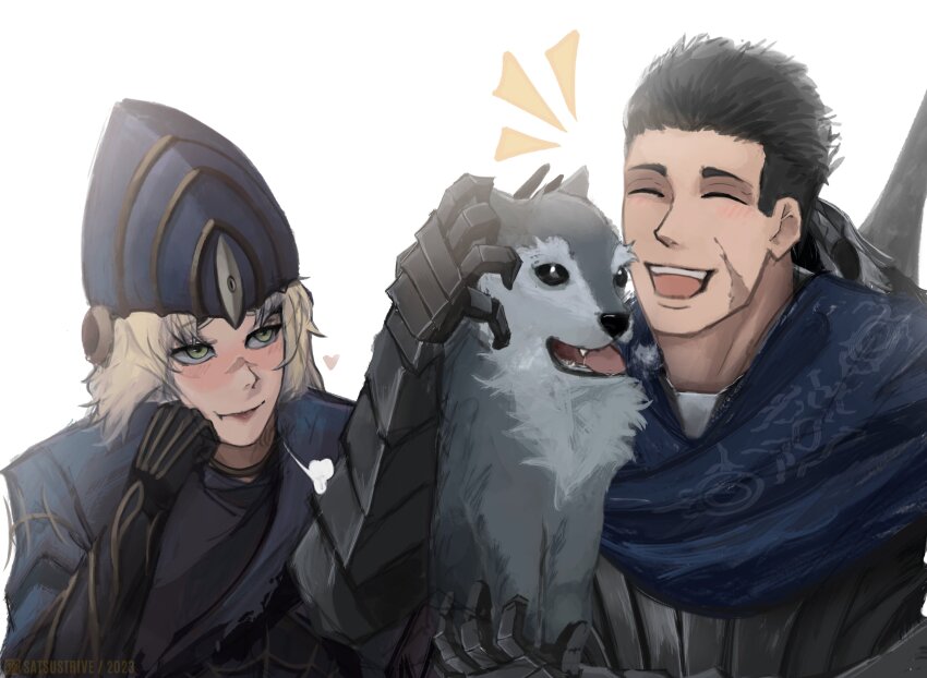 1boy 1girl :d absurdres animal armor artist_name artorias_the_abysswalker black_hair blonde_hair blush clenched_hand closed_eyes dark_souls_(series) dark_souls_i fang gauntlets great_grey_wolf_sif hand_up happy helmet highres lord&#039;s_blade_ciaran no_headwear notice_lines open_mouth satsu-strive short_hair smile teeth tongue upper_teeth_only wolf yellow_eyes