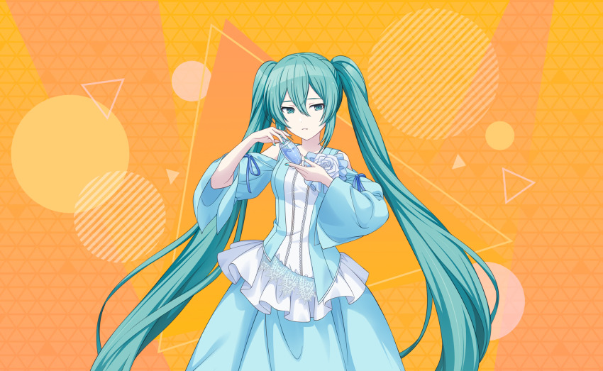 1girl aqua_dress aqua_eyes aqua_hair aqua_nails bad_source bare_shoulders blue_dress bottle clothing_cutout colorful_palette dot_nose dress dress_flower dress_ribbon evillious_nendaiki flower frilled_dress frills hair_between_eyes hatsune_miku highres holding holding_bottle light_blue_dress long_hair looking_at_viewer margarita_blankenheim nemurase_hime_kara_no_okurimono_(vocaloid) official_art orange_background parted_lips poison project_sekai rose sad shoulder_cutout solo standing third-party_source twintails very_long_hair vocaloid wide_sleeves