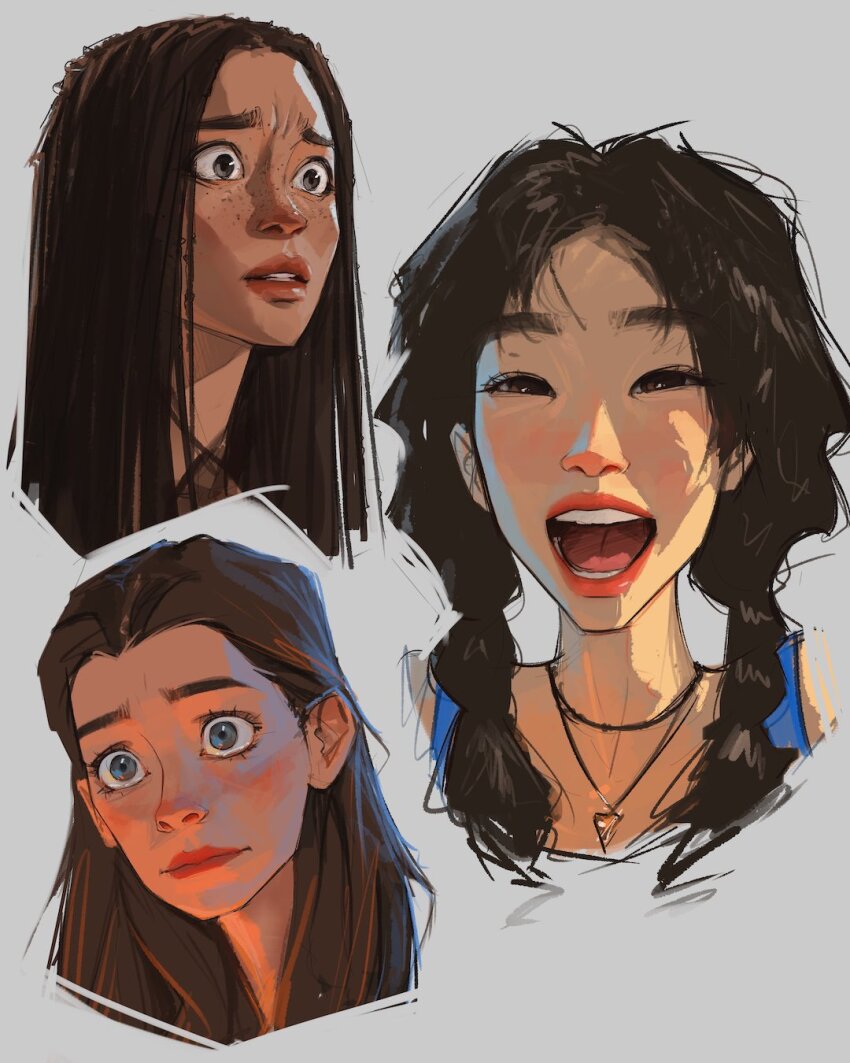 3girls :d black_eyes blue_eyes braid brown_hair dreadlocks freckles green_eyes highres jewelry long_hair looking_at_viewer multiple_expressions multiple_girls narrowed_eyes necklace open_mouth original portrait sam_yang smile twin_braids white_background wide-eyed worried