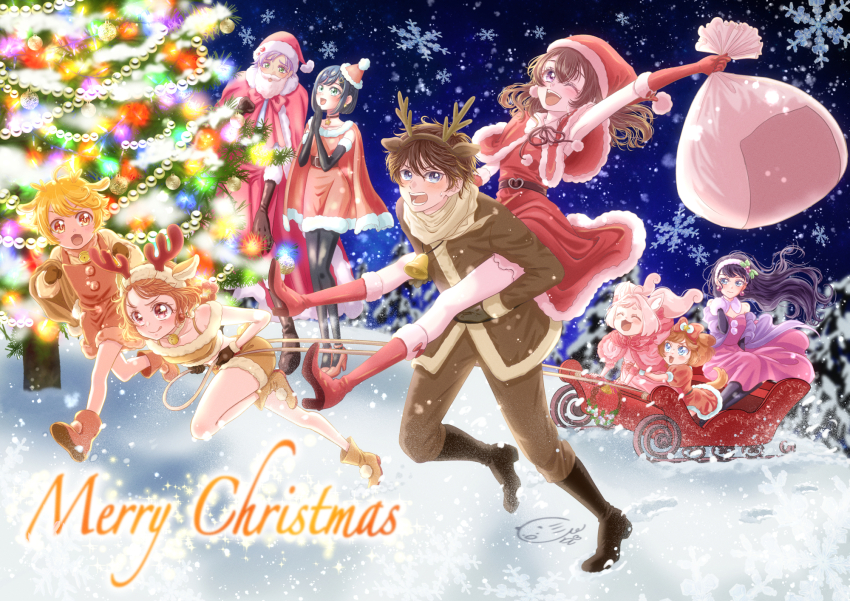 3boys 6+girls animal_costume animal_ears bell black_hair blonde_hair blue_eyes boots bow brown_hair carrying carrying_person christmas christmas_tree delicious_party_precure dog_ears dog_tail elbow_gloves fake_animal_ears fake_antlers fake_beard fake_facial_hair fake_mustache fox_ears fuwa_kokone gloves green_eyes hair_bow hairband hanamichi_ran hat high_heel_boots high_heels highres inosisinoko24 kasai_amane kome-kome kome-kome_(human) mem-mem_(precure) mem-mem_(precure)_(human) merry_christmas multiple_boys multiple_girls nagomi_yui neck_bell one_eye_closed open_mouth pam-pam pam-pam_(human) piggyback pom_pom_(clothes) precure purple_eyes reindeer_costume rosemary_(precure) santa_costume santa_hat shinada_takumi sleigh smile snowflakes snowing tail