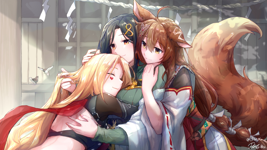 3girls ahoge animal_ears bird black_hair blonde_hair blush brown_eyes brown_hair butterfly_hair_ornament cape closed_eyes fumi_(nijisanji) hair_ornament hand_in_another&#039;s_hair highres hug hug_from_behind long_hair luis_cammy luis_cammy_(1st_costume) mixed-language_commentary multicolored_cape multiple_girls nijisanji pin.s red_scarf ribbon-trimmed_sleeves ribbon_trim scarf shirayuki_tomoe shirayuki_tomoe_(1st_costume) signature smile twitter_username virtual_youtuber wide_sleeves