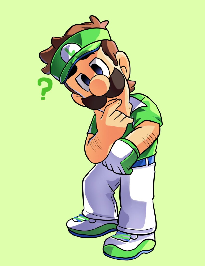 1boy ? arm_hair belt blue_eyes brown_hair carolinerdraws confused contrast_collar facial_hair full_body gloves green_background green_hat green_shirt hand_on_own_face hat highres leaning_forward looking_at_viewer luigi luigi_(super_rush) male_focus mario_(series) mario_golf mario_golf:_super_rush mustache nintendo official_alternate_costume pale_skin pants polo_shirt shirt shoes short_hair short_sleeves single_glove solo solo_focus white_gloves white_pants white_shoes
