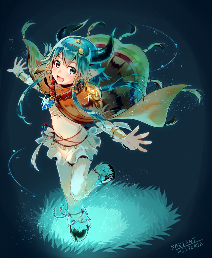 1girl :d aht animal_ears bracelet brown_cloak cloak copyright_name dark_background flat_chest floating_cape floating_clothes floating_hair goat_ears goat_girl goat_legs goat_tail gold_bracelet grass green_eyes green_hair highres hooves horns jewelry leg_up long_hair looking_at_viewer midriff monster_girl navel necklace open_mouth outstretched_arms pointy_ears radiant_historia satyr sidelocks skirt smile solo standing standing_on_one_leg tail white_skirt yuki_(sumaburalove)