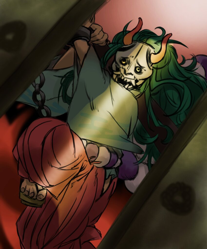 1girl cuffs dutch_angle geta hakama handcuffs highres holding holding_weapon horns japanese_clothes kimono long_hair looking_at_viewer mask one_piece red_hakama rope shimenawa sinoda_maru7326 solo weapon wide_sleeves yamato_(one_piece)