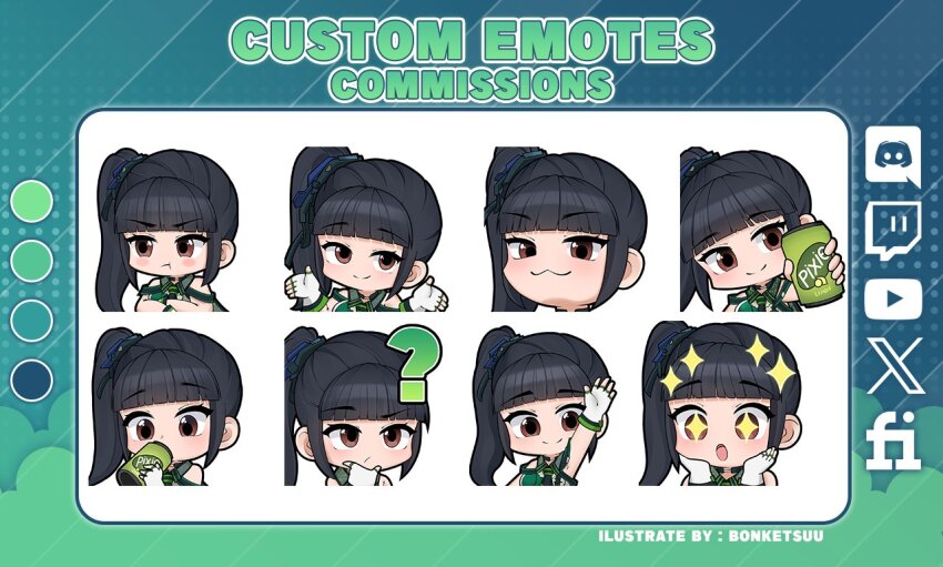 1girl black_hair blunt_bangs bonketsuu can chibi chibi_only commission discord_logo drink drink_can eve_(stellar_blade) multiple_expressions frown holding holding_can long_hair looking_at_viewer planet_diving_suit_(7th)_(stellar_blade) ponytail pout smile soda soda_can stellar_blade twitch_logo twitter_logo