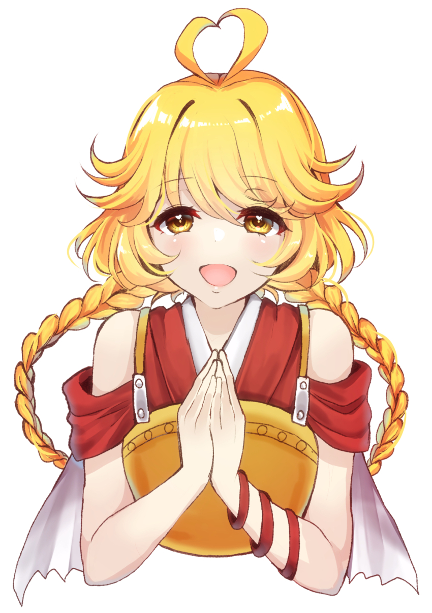 1other androgynous antenna_hair arm_ribbon armor bare_shoulders blonde_hair braid breastplate cape commentary cropped_torso detached_sleeves dot_nose eyelashes hair_between_eyes happy hashtag-only_commentary heart heart_antenna_hair heart_in_eye highres japanese_clothes kimono len&#039;en light_blush long_hair low_twin_braids ooama_no_ake_no_mitori open_mouth other_focus ougi_hina own_hands_together red_kimono red_ribbon red_sleeves ribbon short_sleeves simple_background sleeveless sleeveless_kimono smile solo symbol_in_eye twin_braids very_long_hair white_background white_cape yellow_eyes