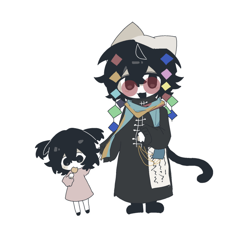 1boy 1girl black_coat black_eyes black_hair black_shoes blush_stickers cat_boy cat_tail child chinese_commentary coat colored_skin commentary_request deformed dress height_difference highres holding_hands huai_huizhi huai_yunqing long_sleeves milander multicolored_scarf open_mouth pink_dress red-tinted_eyewear rimless_eyewear round_eyewear scarf shoes short_twintails simple_background smile tail tinted_eyewear touqi_guaitan twintails white_background white_skin