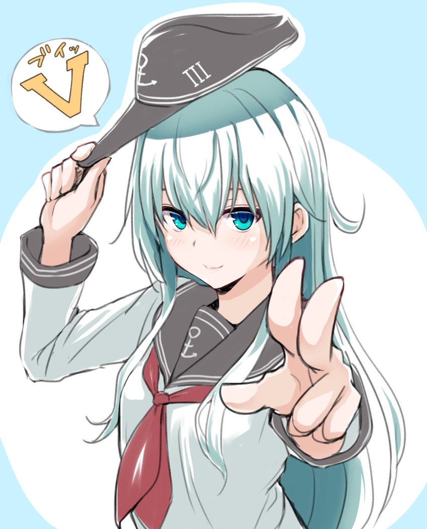 1girl anchor_symbol badge black_sailor_collar blue_background blue_eyes female_focus flat_cap foreshortening hat hat_tip hibiki_(kancolle) highres horosho kantai_collection long_hair looking_at_viewer myht neckerchief red_neckerchief sailor_collar school_uniform serafuku silver_hair smile solo two-tone_background upper_body v white_background