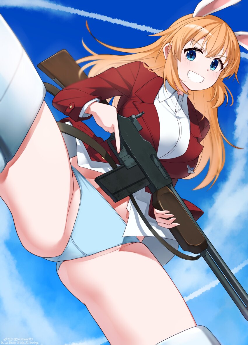 1girl absurdres animal_ears blue_eyes blue_sky breasts charlotte_e._yeager cloud cloudy_sky flying gun highres hiroshi_(hunter-of-kct) holding holding_gun holding_weapon jacket large_breasts long_hair looking_at_viewer military military_uniform orange_hair panties rabbit_ears rabbit_girl red_jacket shirt sky smile solo spread_legs strike_witches striker_unit underwear weapon weapon_request white_panties world_witches_series