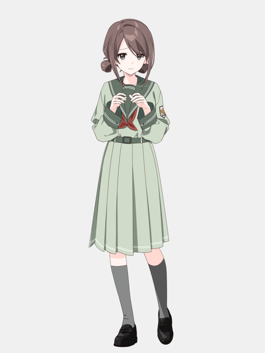 1girl belt black_shoes blush brown_hair closed_mouth full_body green_belt green_sailor_collar green_serafuku green_shirt green_skirt grey_background grey_eyes grey_socks highres kisaragi_hina long_sleeves looking_at_viewer neckerchief original red_neckerchief sailor_collar school_uniform serafuku shirt shoes simple_background skirt socks solo standing