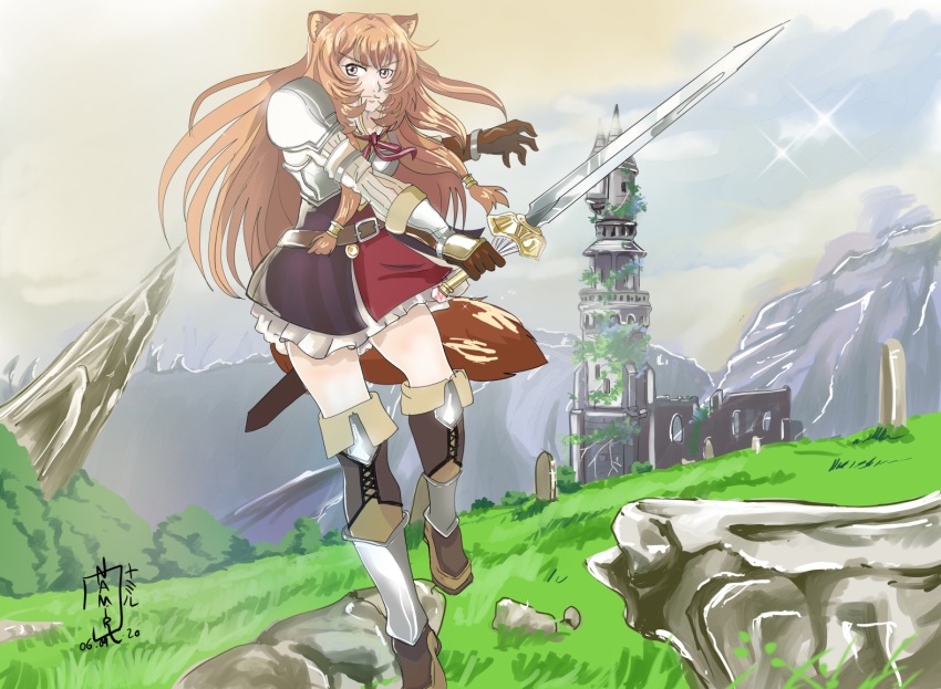 1girl armor armored_boots armored_gloves artist_name belt black_dress blue_sky boots breastplate brown_belt brown_boots brown_gloves brown_hair cloud cloudy_sky collared_dress commentary_request dated dress elbow_gloves full_body gloves hands_up high_collar holding holding_sword holding_weapon layered_dress light_frown long_hair metal_arm_cuffs metal_hair_tubes metal_wrist_cuffs namirokami neck_ribbon pauldrons pink_eyes raphtalia red_dress red_ribbon ribbon ruins scabbard scenery sheath short_dress shoulder_armor signature single_pauldron sky solo sparkle striped_clothes striped_dress sword tate_no_yuusha_no_nariagari thigh_boots tower two-tone_dress vertical-striped_clothes vertical-striped_dress weapon white_dress