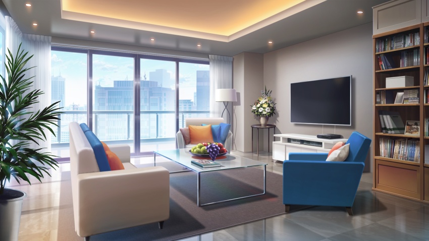 balcony book bookshelf bouquet box ceiling_light chair cityscape couch curtains daisy_(flower) day flower fruit_bowl glass_door glass_table highres indoors living_room no_humans non-web_source official_art our_life our_life:_beginnings_and_always photo_(object) plant potted_plant railing rug scenery table television tile_floor tiles variant_set window wooden_table