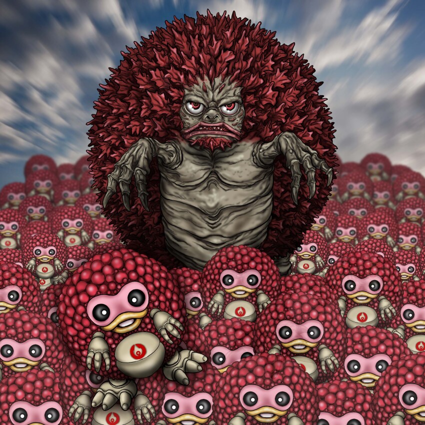absurdres alien blue_sky cloud cloudy_sky commentary_request facing_viewer gara_q garagon highres kaiju monster no_humans non-humanoid_robot photo_background robot satoru33 sky tokusatsu too_many toy toy_robot ultra_q:_dark_fantasy ultra_series