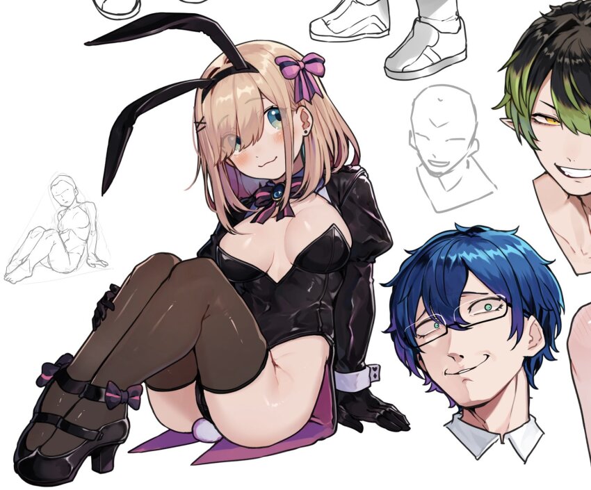 1girl 2boys 2others :3 alternate_costume animal_ears ankle_bow ankle_ribbon aqua_eyes black_hair black_hairband black_leotard black_shoes black_shrug blue_gemstone blue_hair blush bow bowtie breasts brown_hair closed_mouth covered_navel earrings gem glasses gradient_hair green_eyes green_hair grin hair_between_eyes hair_bow hair_ornament hair_over_one_eye hairband hairclip hanabatake_chaika hatyuuruinohito high_heels highres jewelry knees_up leos_vincent leotard looking_to_the_side medium_hair multicolored_hair multiple_boys multiple_others nijisanji pink_bow pink_bowtie pointy_ears purple_bow purple_bowtie rabbit_ears rabbit_tail ribbon shoes shrug_(clothing) simple_background sitting sketch_inset smile solo_focus striped_bow striped_bowtie striped_clothes stud_earrings suzuhara_lulu swept_bangs tail thighs two-tone_bow two-tone_bowtie two-tone_hair virtual_youtuber white_background yellow_eyes