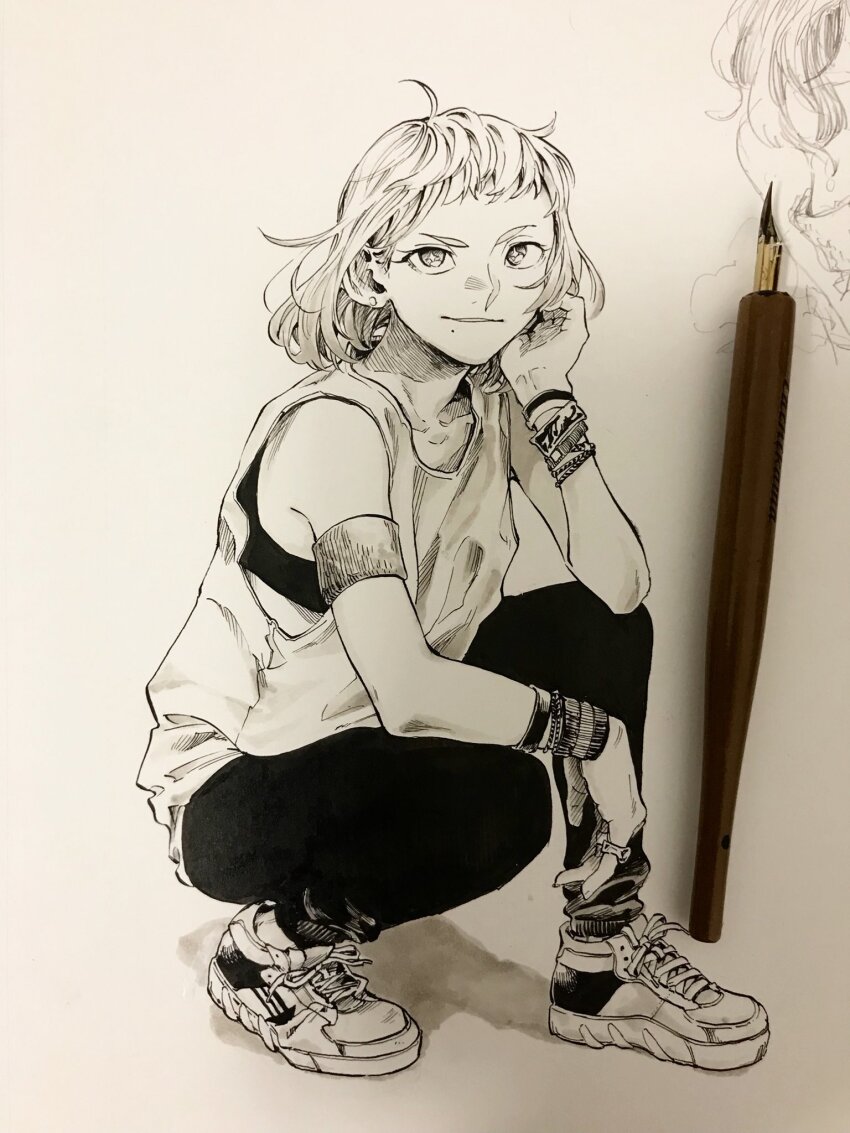 1girl art_tools_in_frame bra bracelet earrings full_body highres humanization inkling jewelry matsugi_zuntaro medium_hair mole mole_under_eye monochrome nib_pen_(medium) nintendo pants pearl_(splatoon) pen_(medium) photo_(medium) ring shoes sneakers solo splatoon_(series) splatoon_2 squatting stud_earrings tank_top traditional_media underwear