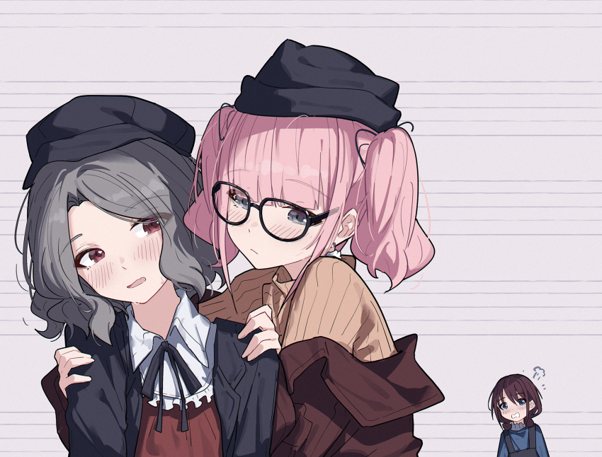 3girls black_hat black_jacket black_overalls black_ribbon blue_eyes blue_sweater blush brown_hair brown_jacket brown_sweater chinese_commentary commentary_request ebizuka_tomo fang girls_band_cry glasses grey_eyes grey_hair hat highres hina_(girls_band_cry) iseri_nina jacket low_twintails multiple_girls neck_ribbon nervous_sweating open_mouth overalls pink_hair puff_of_air red_eyes ribbon short_hair short_twintails skin_fang sweat sweater twintails yun_cao_bing yuri
