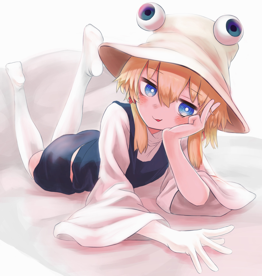 1girl absurdres black_skirt black_vest blonde_hair blue_eyes blush brown_hat commentary_request hair_ribbon hand_on_ground hand_on_own_cheek hand_on_own_face hat head_tilt highres legs_up long_sleeves looking_at_viewer lying moriya_suwako neritch no_shoes on_stomach red_ribbon ribbon ringed_eyes shirt sidelocks simple_background skirt skirt_set solo the_pose thighhighs tongue tongue_out touhou vest wavy_mouth white_background white_shirt white_thighhighs wide_sleeves