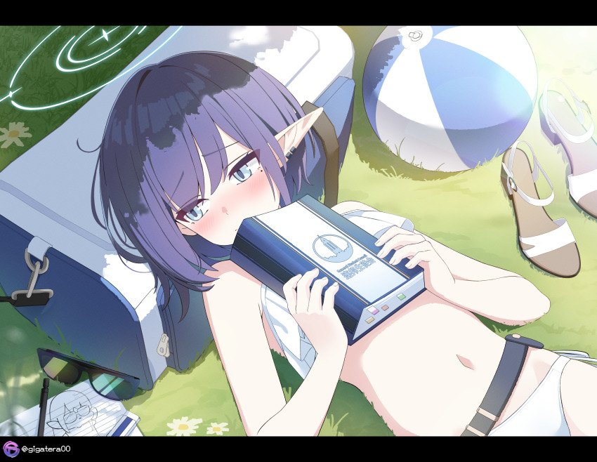 1girl aoi_(blue_archive) ball beachball bikini blue_archive blue_eyes blue_hair blue_halo blush book earclip giga-tera halo highres holding holding_book looking_to_the_side lying mole mole_under_eye navel on_back on_grass outdoors pointy_ears shoes short_hair side-tie_bikini_bottom solo swimsuit unworn_shoes white_bikini