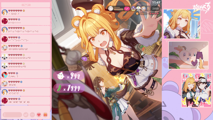 2girls ahoge armpits blonde_hair breasts brown_eyes brown_hair brown_jacket chinese_clothes cleavage highres homei_(honkai_impact) homu_(honkai_impact) honkai_(series) honkai_impact_3rd jacket jingwei_(bird) li_sushang li_sushang_(jade_knight) medium_breasts meme multiple_girls official_art open_mouth photo_(object) shorts susannah_manatt susannah_manatt_(bear_squad_go!) susannah_manatt_(immortal_blades_uniform) susannah_manatt_(valkyrie_quicksand) teri_derp_(meme) white_shorts yellow_eyes